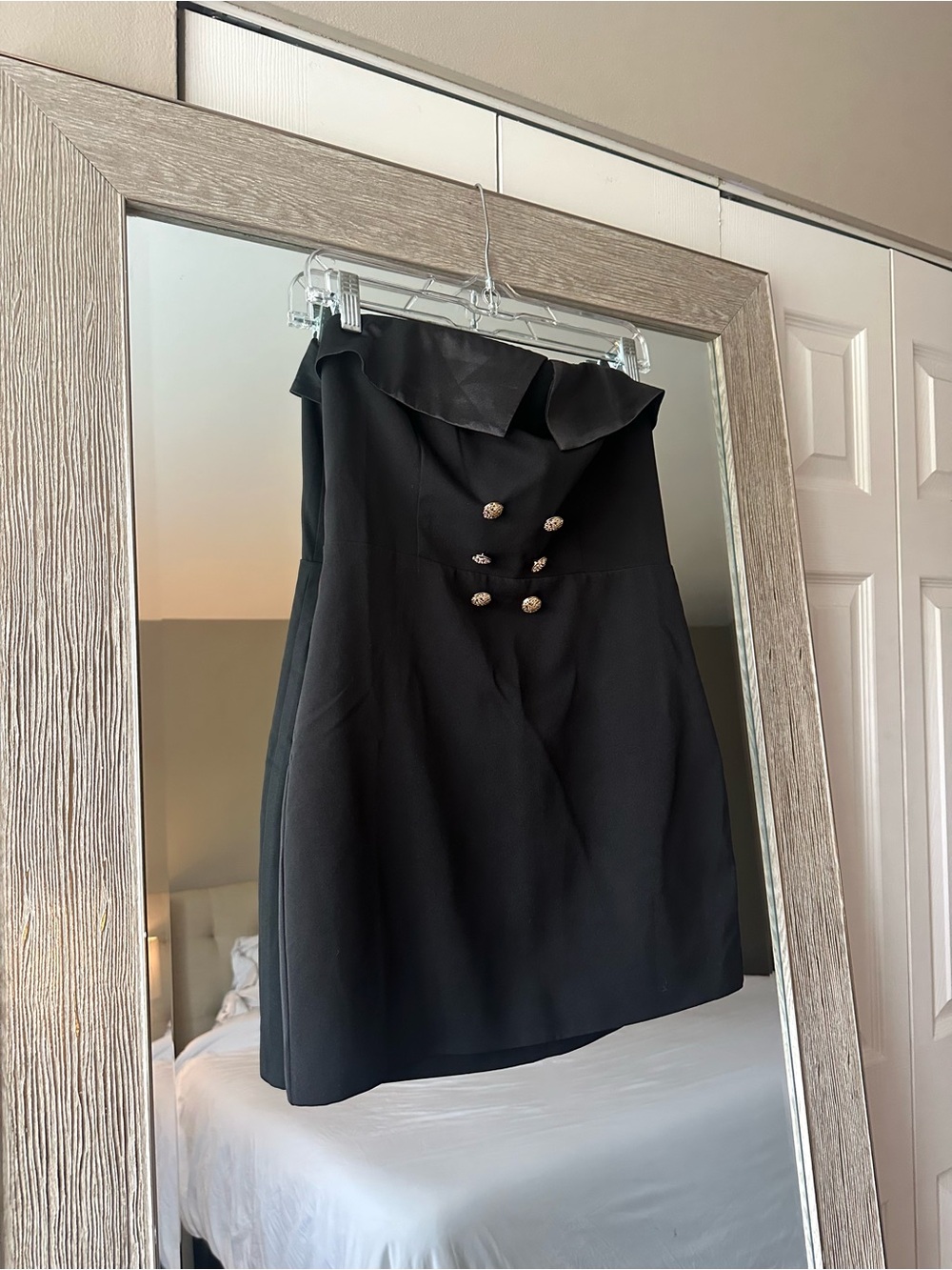 MESHKI Black Strapless Shift Mini Dress Gold Buttons NWT Size Medium